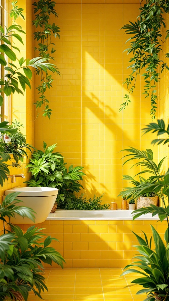 A bright yellow tiled bathroom with green plants for accents.