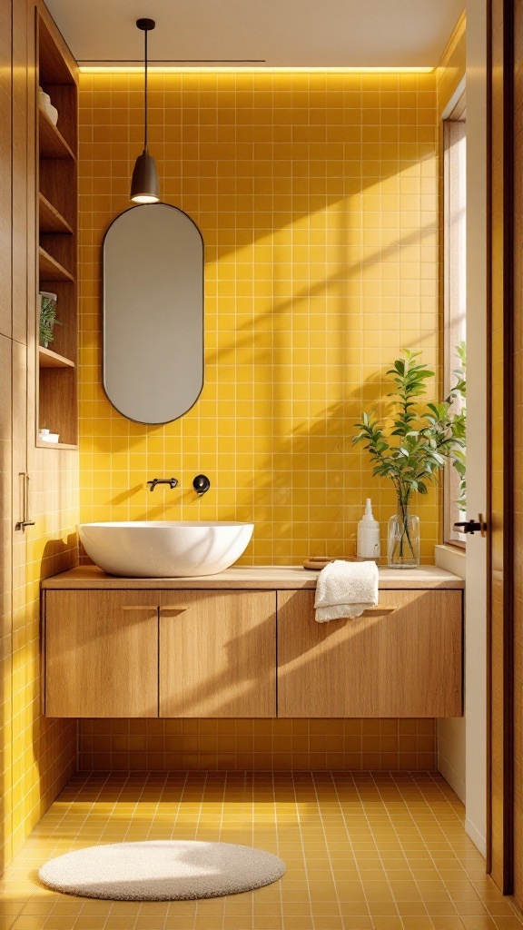 A bright yellow tiled bathroom featuring natural wood elements and a modern design.
