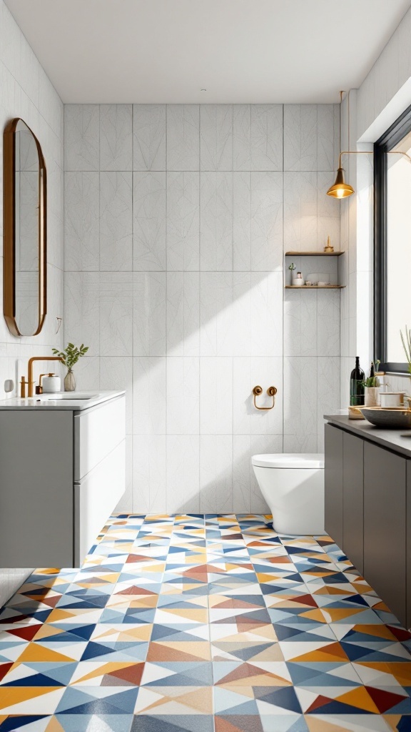 Bathroom with bold geometric patterned floor tiles and simple wall tiles