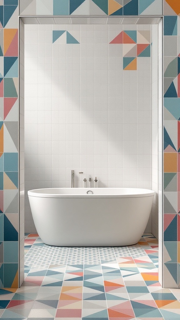 A bright bathroom featuring bold geometric tile patterns in various colors, with a white bathtub.