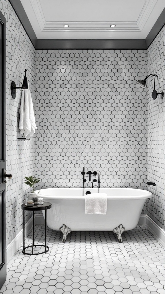 A stylish bathroom featuring classic hexagon tiles on the walls and floor, a freestanding tub, and a modern black faucet.