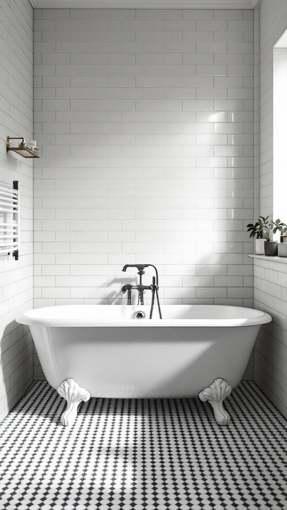 Bathroom with classic white subway tiles, a vintage clawfoot tub, and a patterned black and white floor.