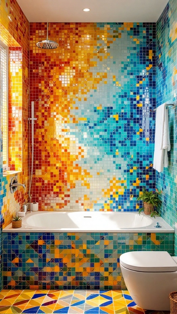 A bathroom featuring colorful mosaic tiles in orange, blue, and yellow hues, with a bathtub and modern fixtures.