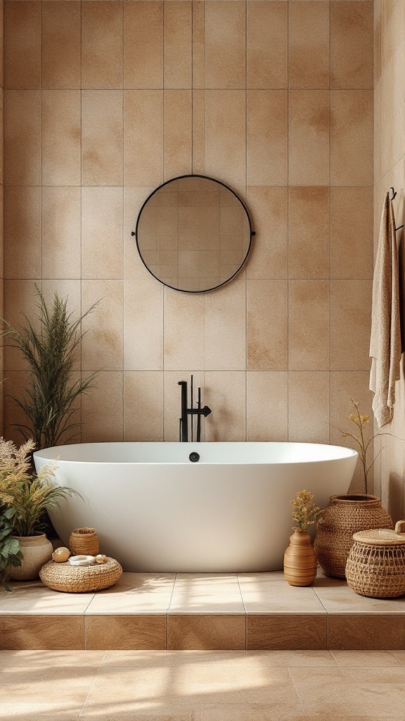 A serene bathroom featuring beige and brown tiled walls, a white bathtub, round mirror, and decorative plants.