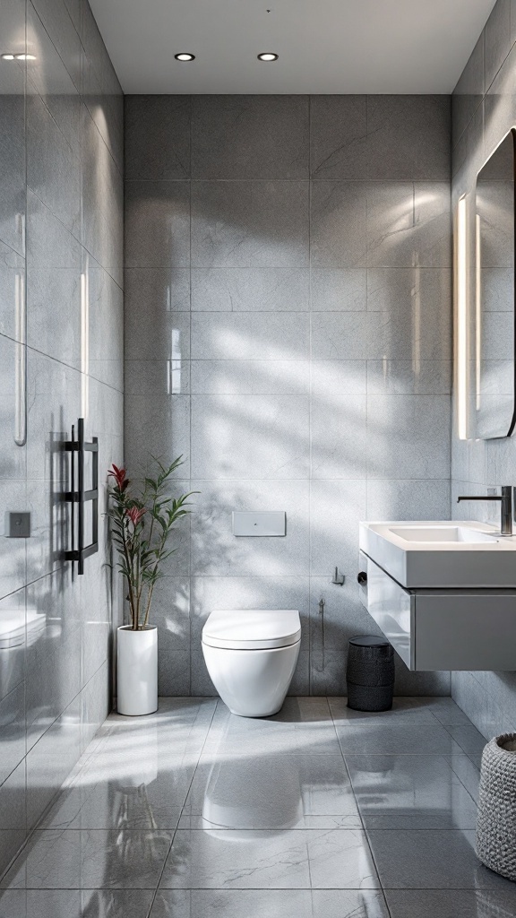 Modern bathroom with glossy gray tiles, a floating sink, and a potted plant.