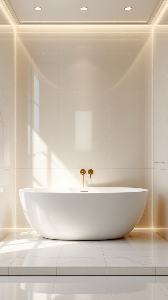 A modern bathroom featuring a white tub surrounded by glossy tiles and golden fixtures.