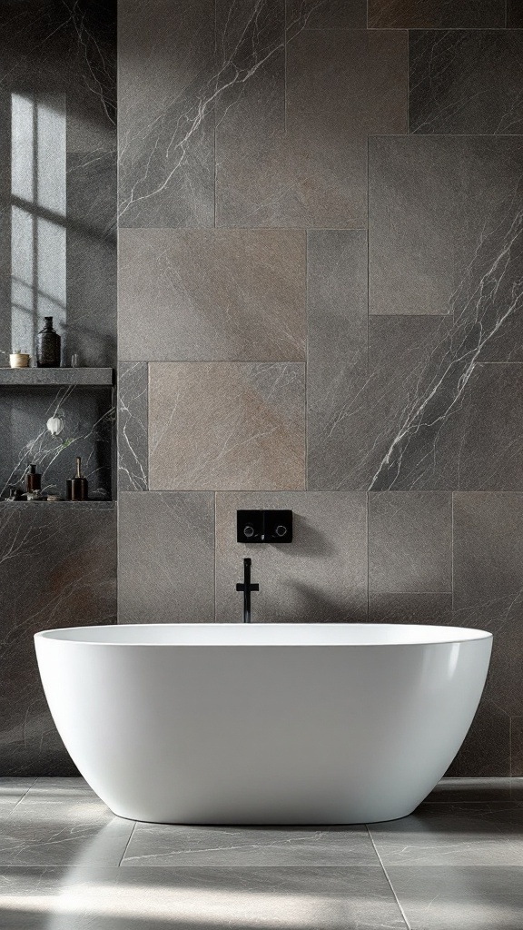 A modern bathroom featuring a sleek white bathtub surrounded by dark natural stone tiles.