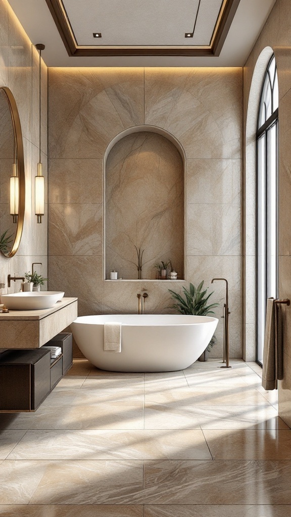 A luxurious bathroom featuring natural stone tiles, a freestanding bathtub, and elegant lighting.