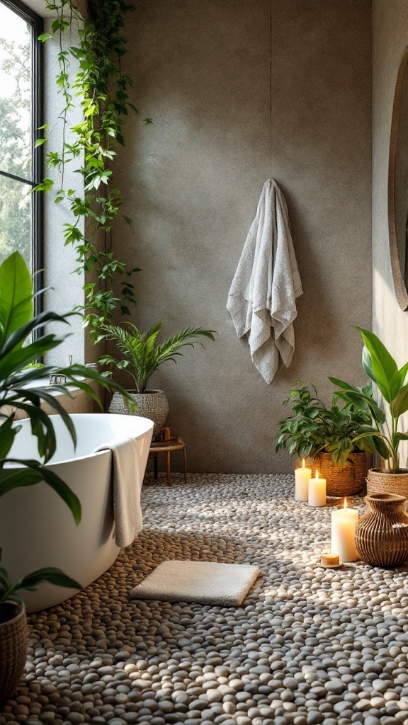 A serene bathroom featuring pebble stone flooring, a freestanding bathtub, plants, and candles for a spa-like atmosphere.