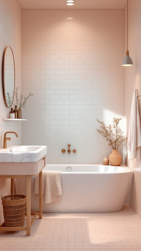 A tranquil bathroom featuring soft pastel tiles, a modern tub, and elegant decor.