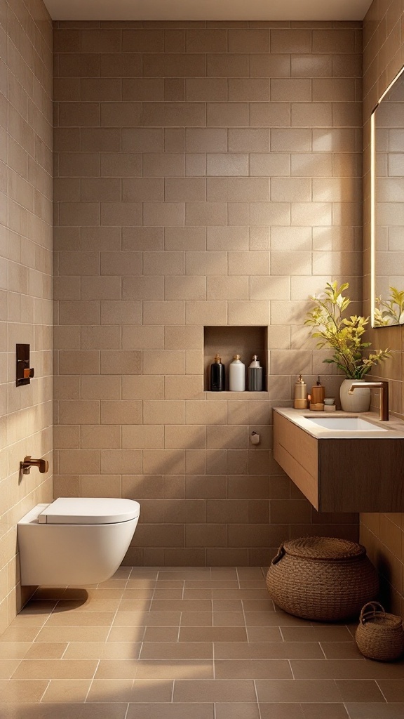 A serene bathroom featuring subdued earth tones with beige tiles, a modern sink, and natural light.