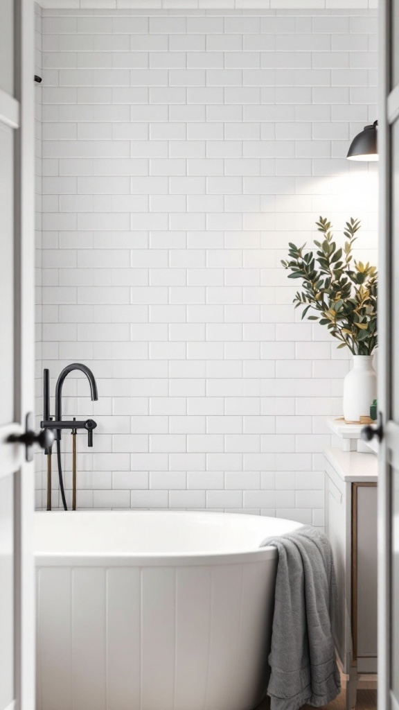 A bathroom showcasing white subway tiles, a freestanding bathtub, and decorative elements like a plant and a towel.