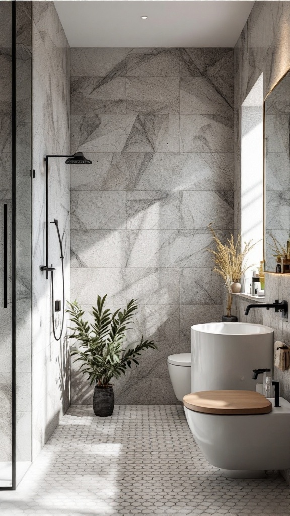 A modern bathroom with textured wall tiles and hexagonal floor tiles, featuring a plant and stylish fixtures.