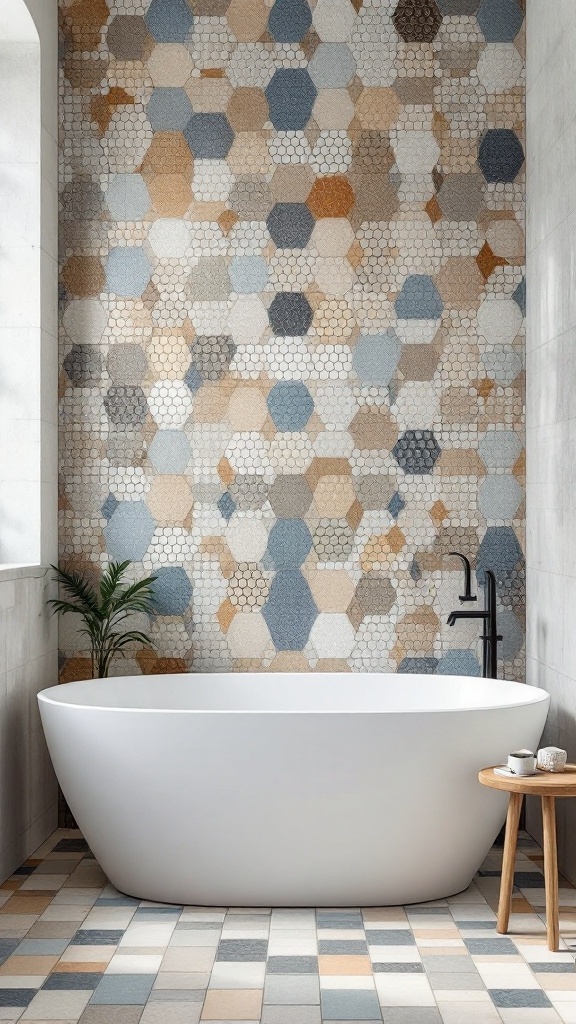 A modern bathroom with a white tub and a textured tile wall featuring hexagonal patterns in earthy tones and blues.