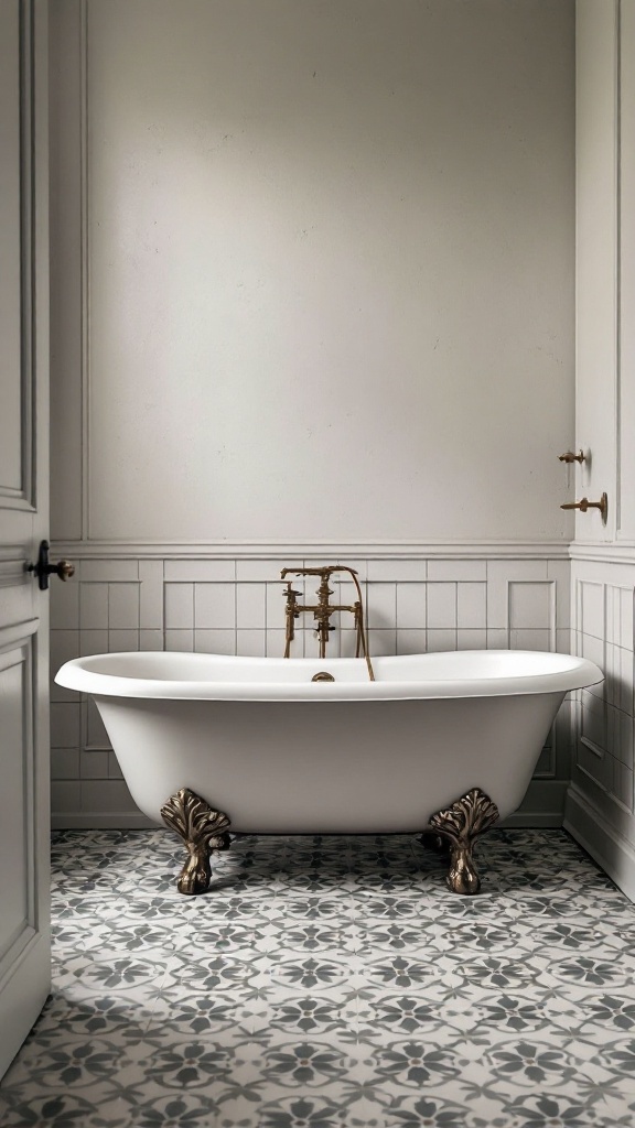 Elegant bathroom with a freestanding tub and vintage encaustic tiles on the floor.