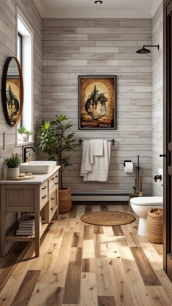 A cozy bathroom featuring wood-look tiles on the floor and wood paneling on the walls, with a modern sink and touches of greenery.