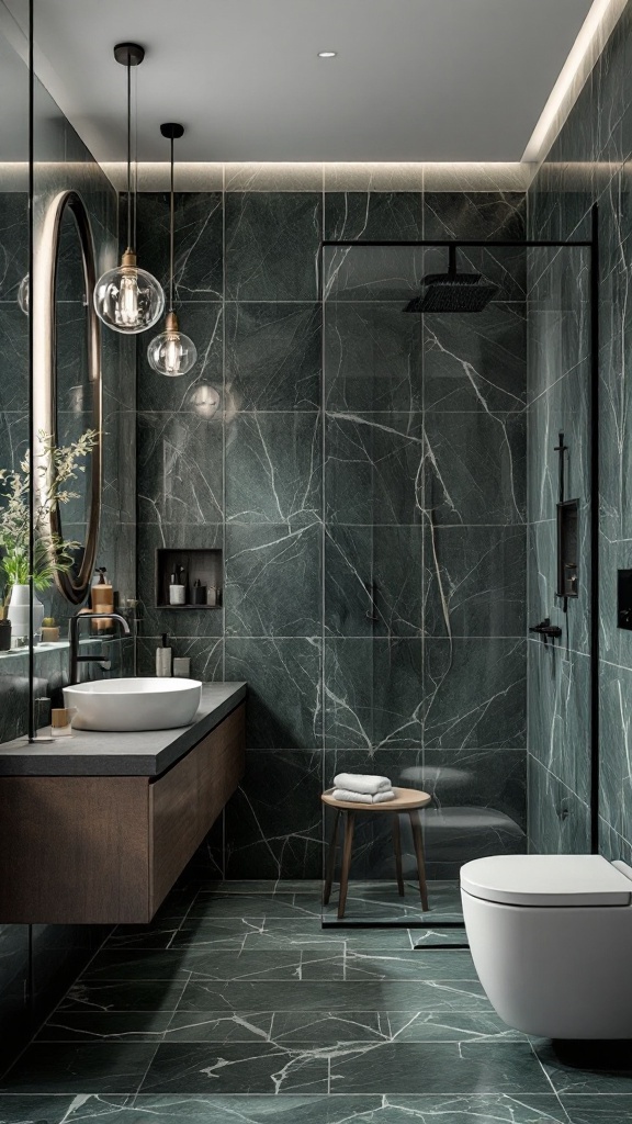 A modern bathroom featuring dark green marble effect tiles, wooden cabinetry, and stylish lighting.