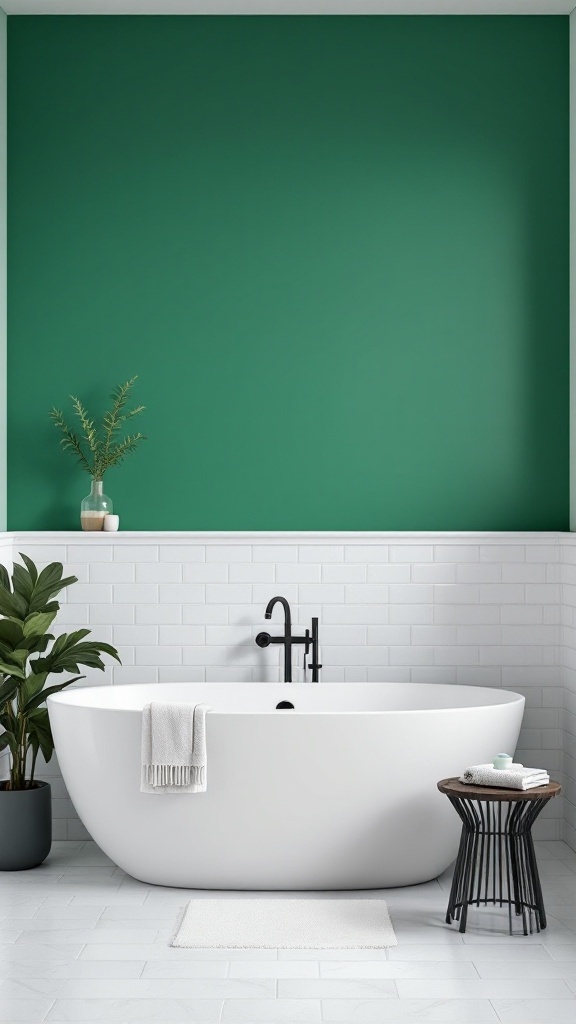 A bathroom with an emerald green accent wall, featuring a freestanding white bathtub, white tiles, and decorative plants.