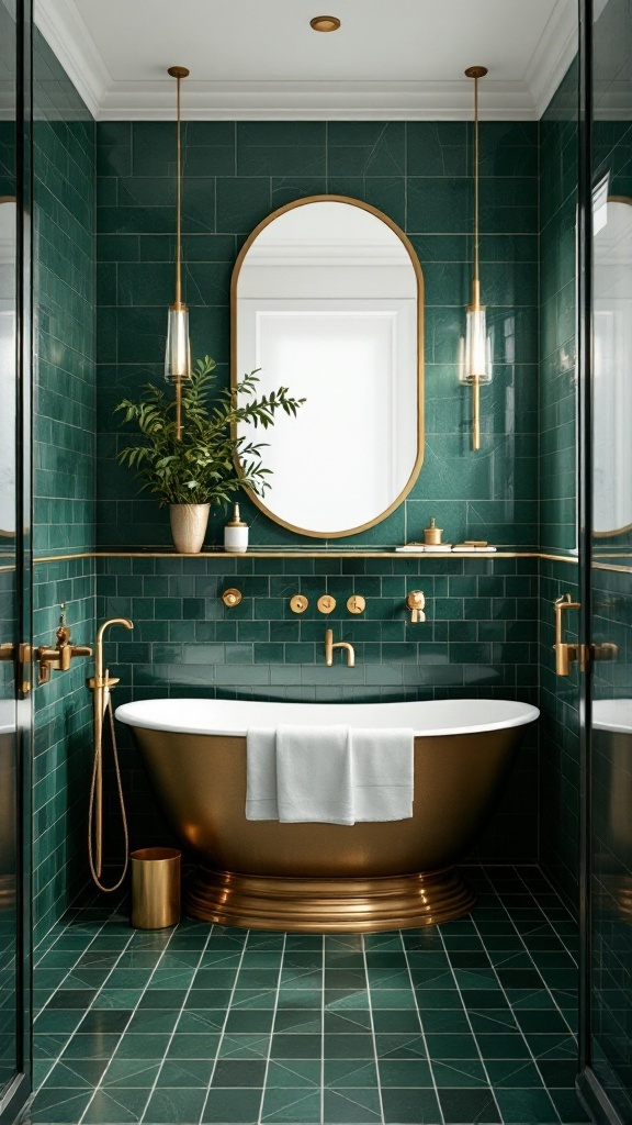 A bathroom featuring forest green tiles and gold accents, with a freestanding tub and elegant lighting.