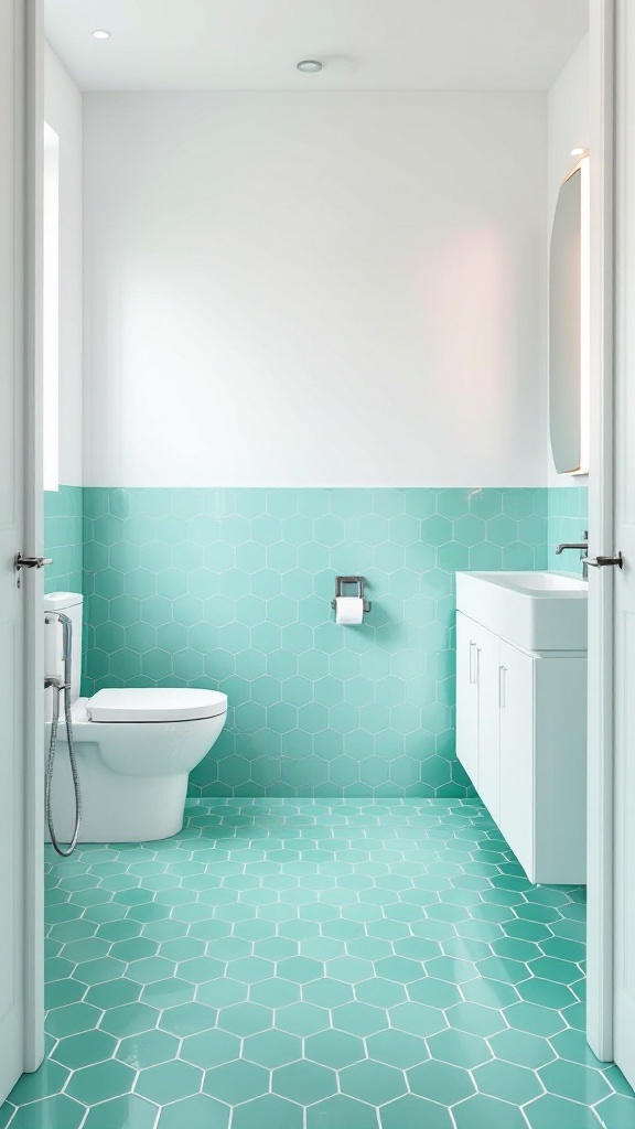 A bathroom featuring glossy mint green hexagon tiles on the floor and lower walls, with white fixtures and cabinetry.