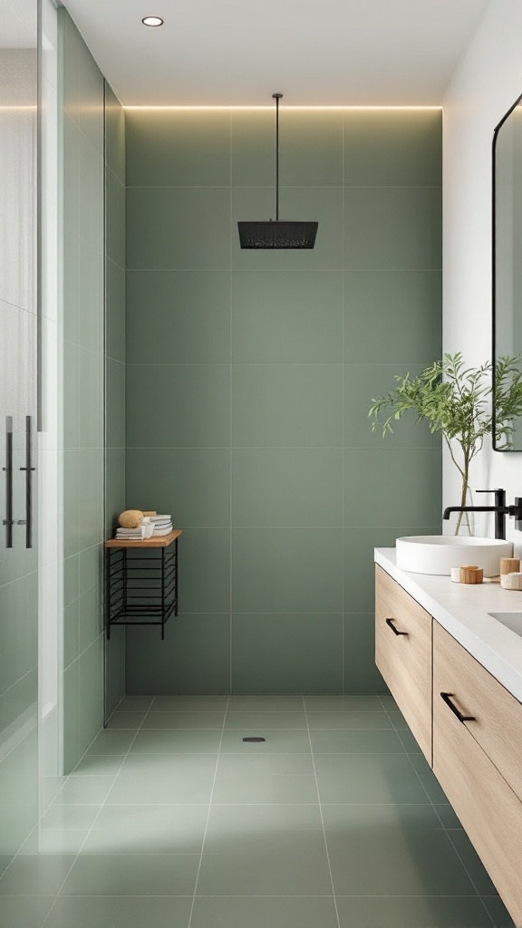 A modern bathroom featuring matte green tiles, natural wood cabinetry, and a simple design.