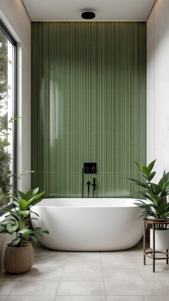 Bathroom featuring moss green vertical striped tiles, a white bathtub, and indoor plants.