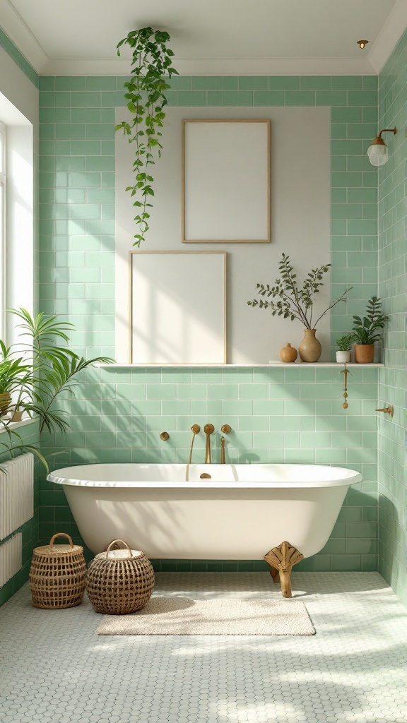 A pastel green tiled bathroom featuring a white tub, plants, and woven baskets.