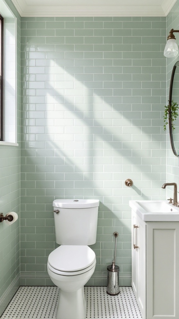 A bathroom featuring soft sage green subway tiles on the walls, a white toilet, and a white vanity with a round mirror.