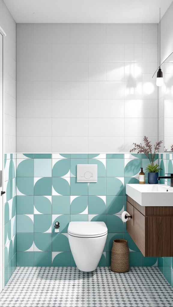 A bathroom featuring teal and white geometric patterned tiles on the lower half of the wall, a modern toilet, and a wooden vanity with plants.