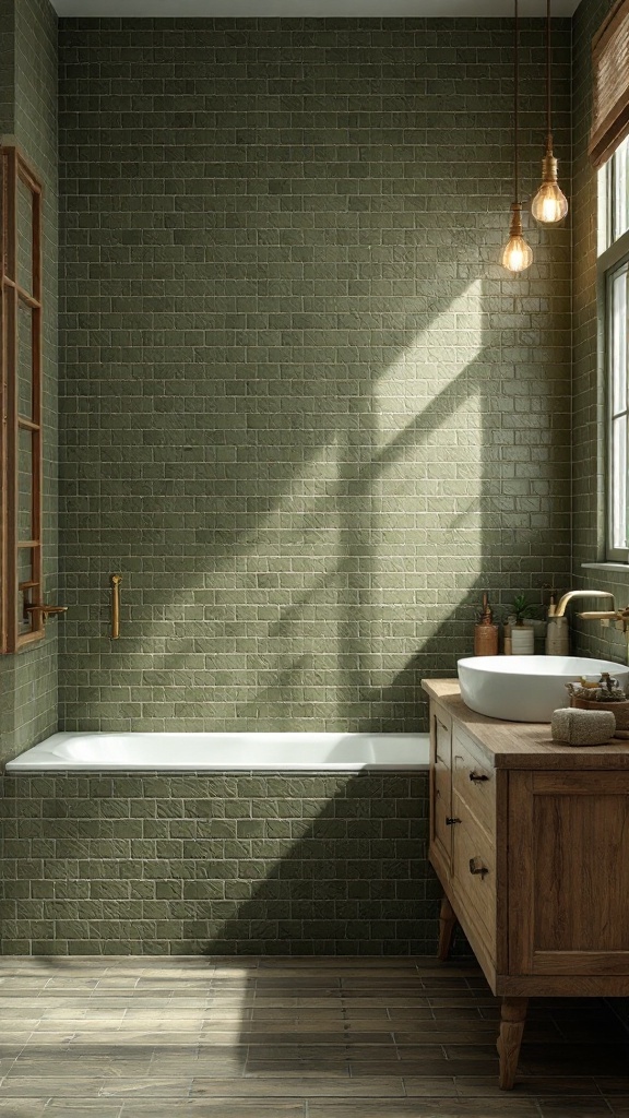 A bathroom with textured olive green tiles on the wall, a white bathtub, wooden vanity, and natural light coming through a window.