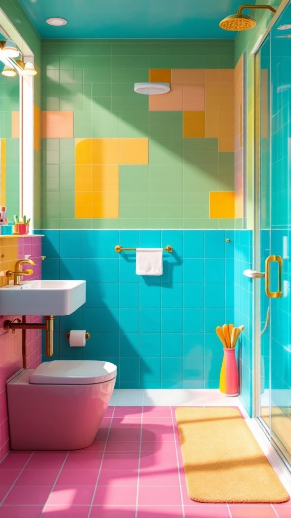 A colorful bathroom featuring teal, pink, and green tiles with gold fixtures.