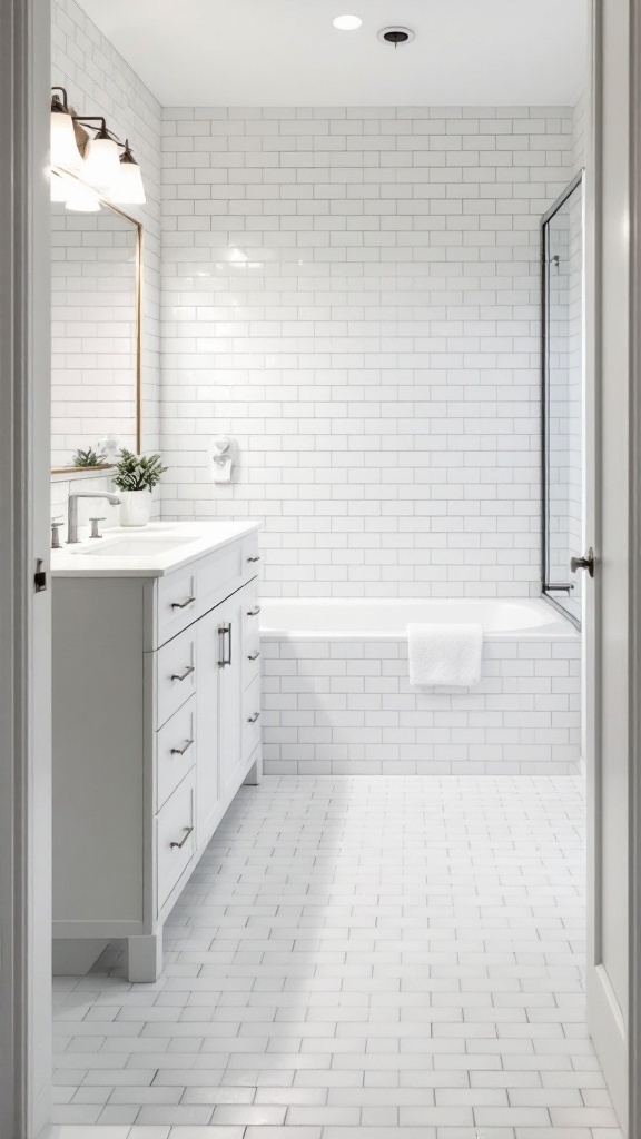 A bathroom featuring classic white subway tiles on the walls and floor, with a light wood vanity and modern fixtures.