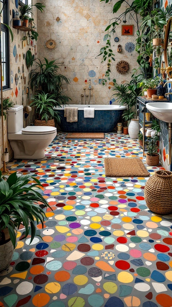 A colorful mosaic tile bathroom floor with various circular patterns, complemented by plants and a stylish bathtub.