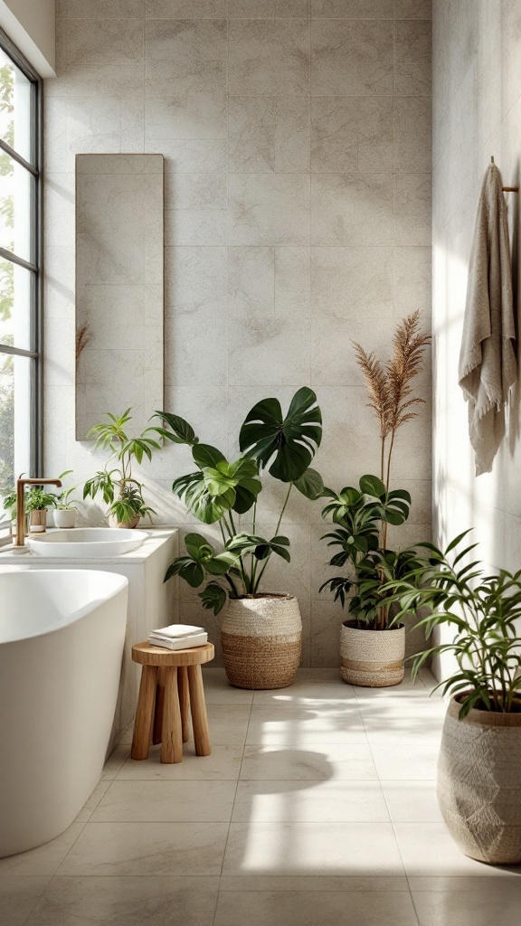 A modern bathroom featuring eco-friendly tiles, natural light, and indoor plants