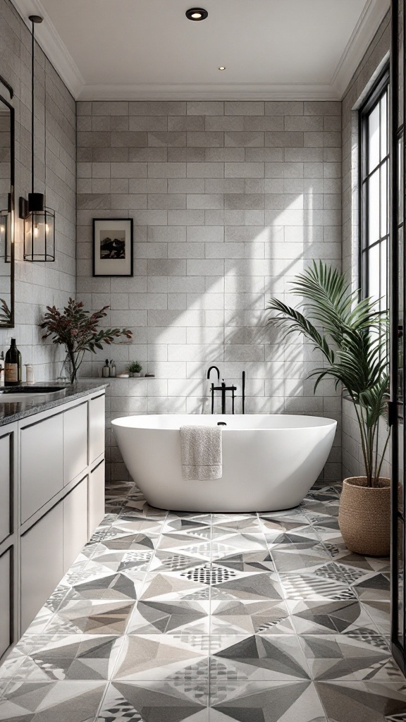 A modern bathroom with geometric patterned floor tiles, a freestanding bathtub, and large windows allowing natural light.