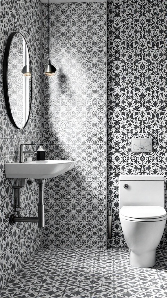 Bathroom featuring geometric patterned tiles in black and white on the walls and floor.