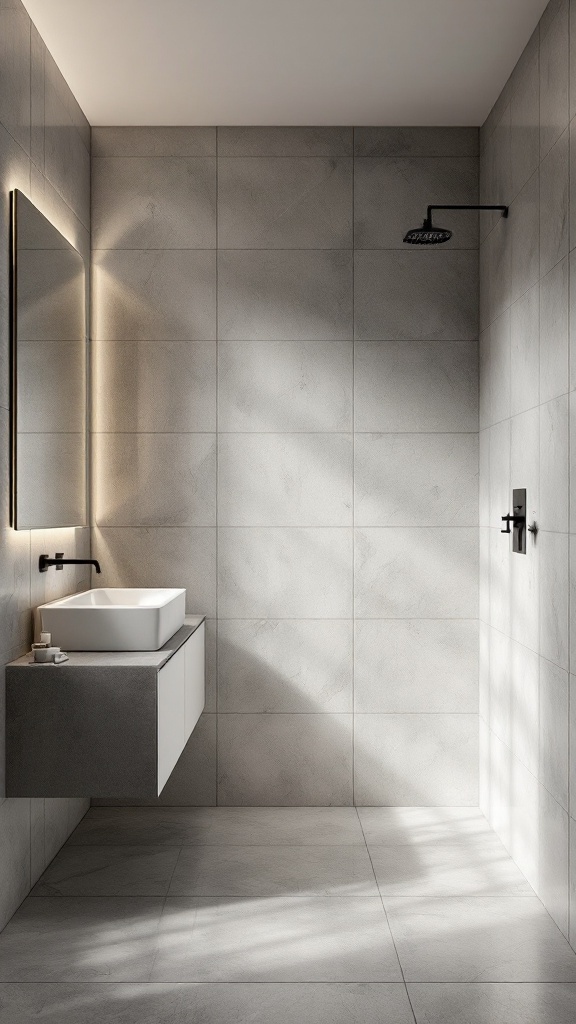 Modern bathroom featuring large gray tiles on the walls and floor, showcasing a sleek design with a floating vanity and stylish mirror.