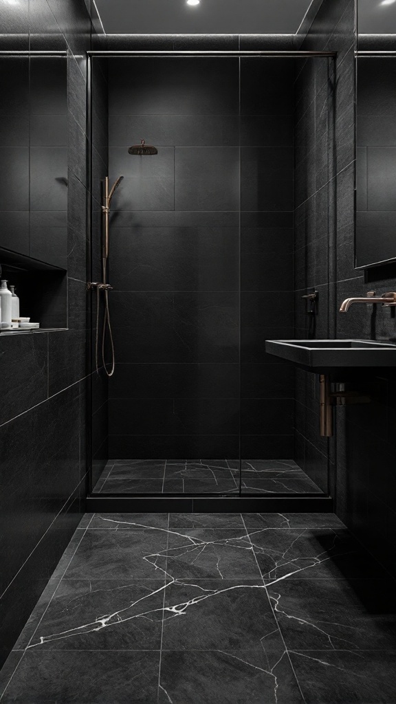 A modern bathroom featuring matte black tiles on the floor and walls, complemented by brass fixtures.