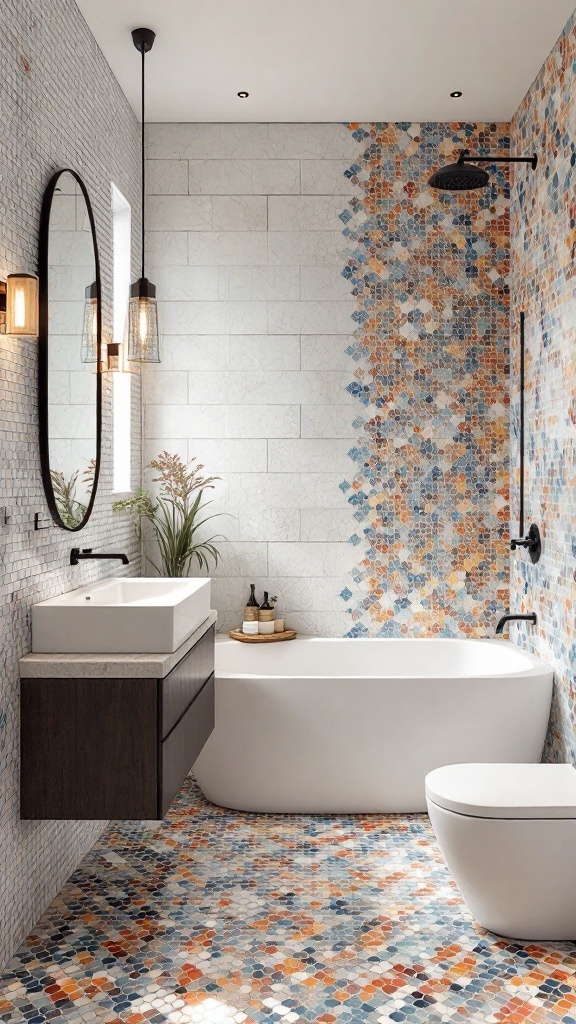 A modern bathroom featuring mosaic tiles in earthy tones and cool blues, with a freestanding tub and stylish sink.