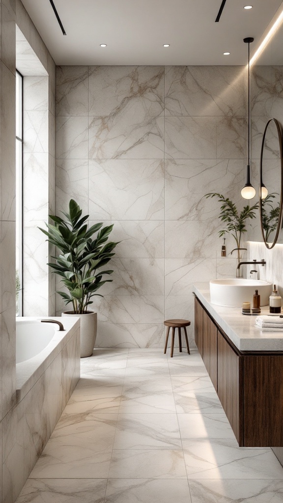 A modern bathroom featuring elegant natural stone tiles, a freestanding bathtub, a wooden vanity, and large windows with plants.