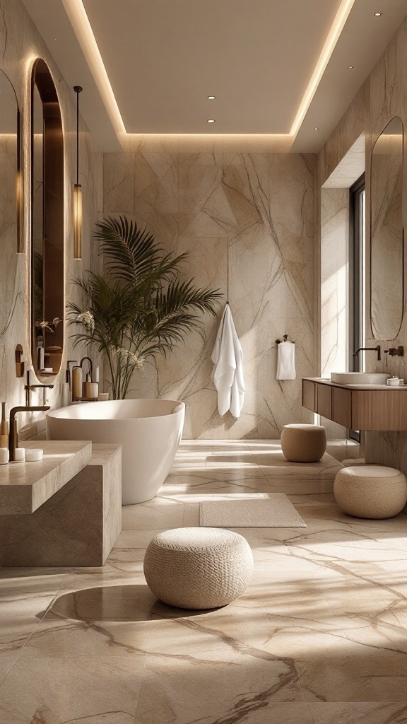 A luxurious bathroom featuring natural stone floor tiles, a freestanding tub, and elegant fixtures.