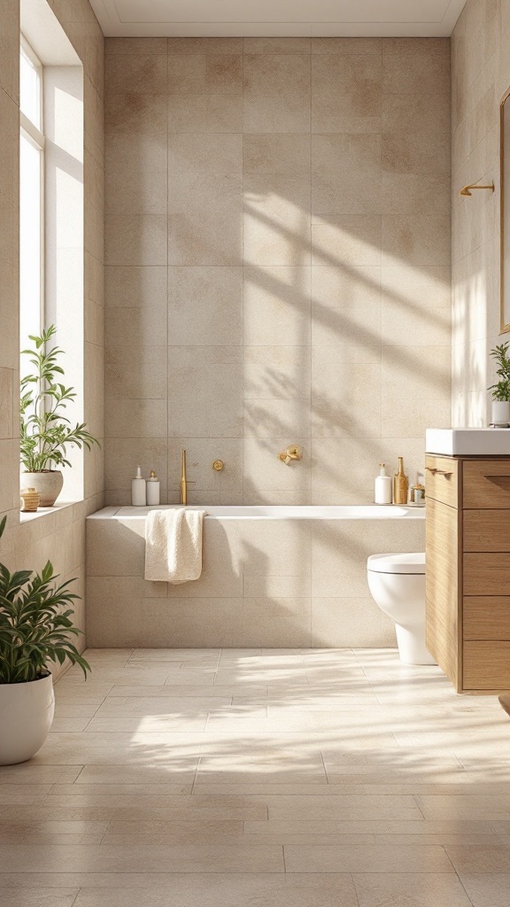 A serene bathroom featuring subtle earth tone tiles, wooden cabinetry, and green plants.