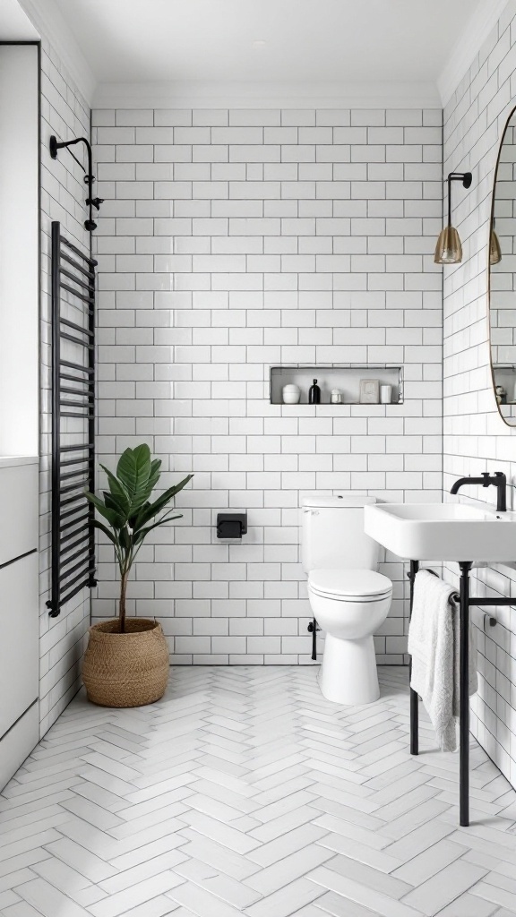 Bathroom featuring subway tiles in a clean arrangement with herringbone floor tiles and modern fixtures.