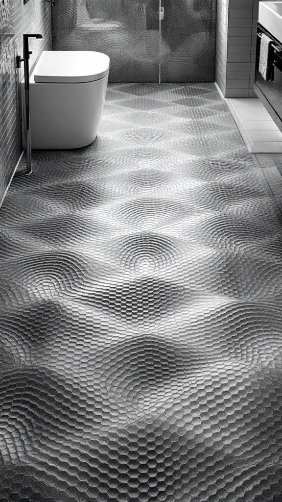 Textured gray 3D tiles in a bathroom with modern fixtures