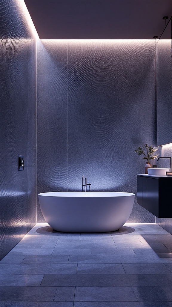 A modern bathroom featuring textured wall tiles, a freestanding white bathtub, and soft ambient lighting.