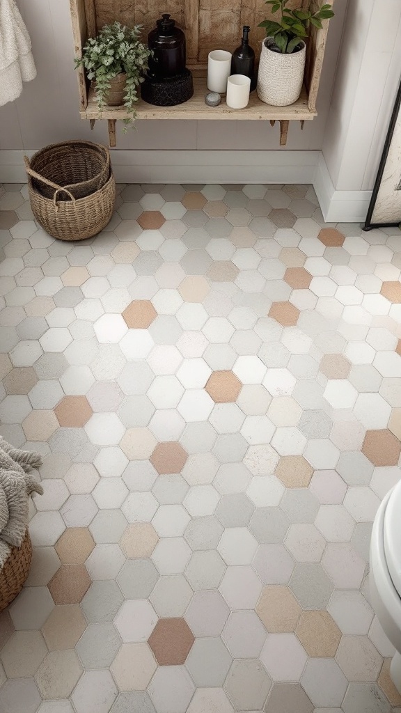 A bathroom floor featuring vintage hexagon tiles in soft pastel shades.