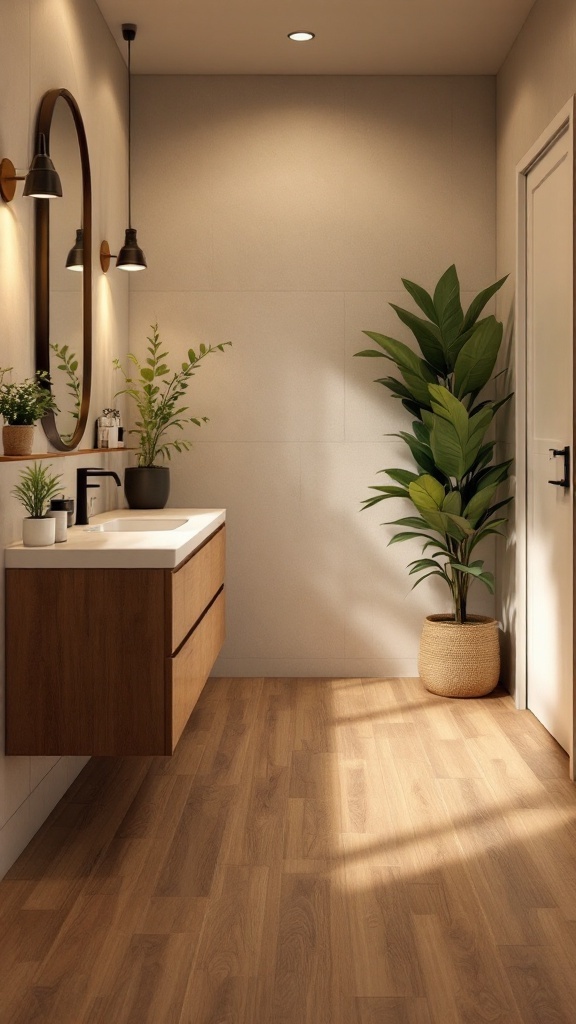 A modern bathroom featuring wood-look porcelain tiles, a wooden vanity, and plants