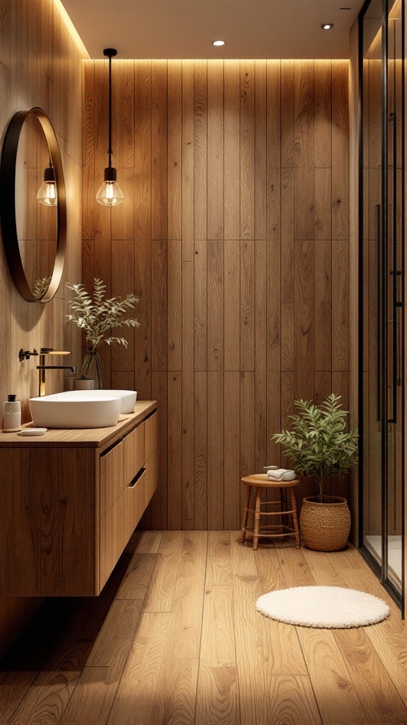 A modern bathroom featuring wood-look tiles on the walls and floor, with a stylish vanity, soft lighting, and plants.