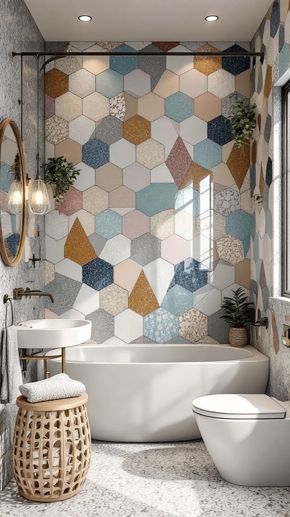 A bathroom with a hexagonal terrazzo accent wall, featuring various colors and textures, a modern bathtub, and natural decor elements.