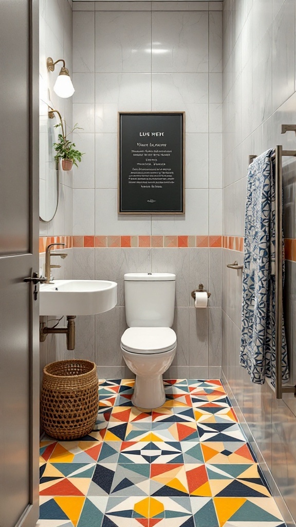 Small bathroom featuring bold geometric patterned floor tiles in vibrant colors.